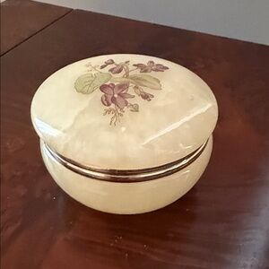 Round Floral Alabaster Trinket Box — Cream Base with violet design